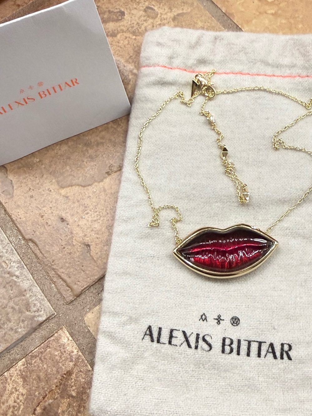 NWOT. Alexis Bittar "Cherry Lip" Lucite & Crystal Pendant Necklace.